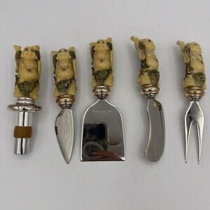 Hans Turnwald Bone Buddah Cheese Knife Wine Stopper Gift Set Vintage Germany